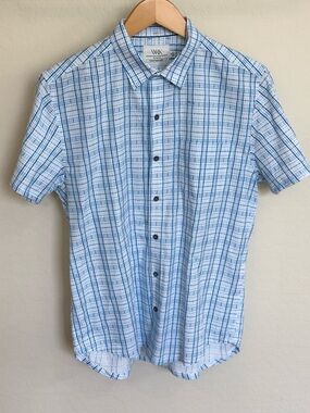 WRK Men’s Blue & White Slim Fit Plaid Short Sleeve Button Down - Size M - EUC